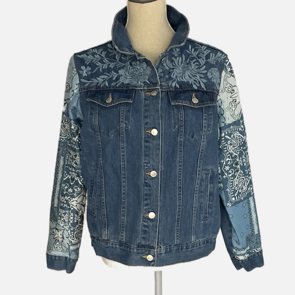 Johnny Was Workshop Bandana Patched Denim Jean Jacket Embroidered Silk Medium - Picture 13 of 13